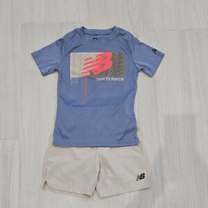 New Balance Periwinkle Blue Tee with Beige Athletic Shorts Set Boys Size 7